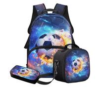 STUOARTE Ensemble sac à dos d'école 3 pièces pour adolescents garçons avec boîte à déjeuner et trousse à crayons, cadeau de rentrée scolaire, Bleu et orange - Fire Soccer, Ensemble cartable