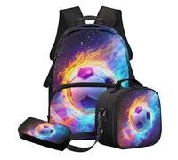 STUOARTE Ensemble sac à dos d'école 3 pièces pour adolescents garçons avec boîte à déjeuner et trousse à crayons, cadeau de rentrée scolaire, Bleu et orange - Ballon de football Fire, Ensemble