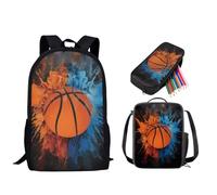 STUOARTE Ensemble sac à dos pour enfants, ensemble sac à dos d'école 3 pièces avec boîte à déjeuner et trousse à crayons pour la maternelle primaire, Splash Ink Ballon de basket Bleu/orange, Taille