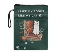 STUOARTE Housse de livre imprimée chat et livres avec fermeture éclair et poche avant, pour filles et femmes, 29 x 22 cm, housse de livre pour amateurs de livres, « I Like My Books », Like My Cat