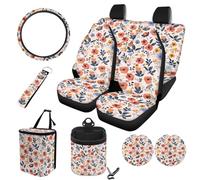 STUOARTE Lot complet de 10 housses de siège de voiture à imprimé floral, housses de siège avant et arrière divisées pour voitures, protection de volant, poubelle, sac de rangement sur grille