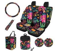 STUOARTE Lot complet de 10 housses de siège de voiture à imprimé floral, housses de siège baquet avant avec banquette arrière divisée pour voitures, housse de volant de 38,1 cm, dessous de verre