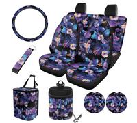 STUOARTE Lot de 10 housses de siège de voiture imprimées hibiscus palmier, housses de siège avant et arrière divisées pour voitures, protection de volant, poubelle, sac de rangement sur grille
