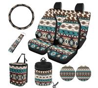 STUOARTE Lot de 10 housses de siège de voiture, motif tribal aztèque, housses de siège avant et arrière divisées pour voitures, protection de volant de 38,1 cm, poubelle, sac de rangement sur la