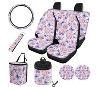 STUOARTE Lot de 10 housses de siège de voiture pour femme, motif papillon, fleurs, confortables, respirantes, housses de siège avant et arrière séparées pour voitures, protection de volant, dessous de