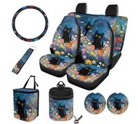 STUOARTE Lot de 10 housses de siège de voiture universelles, motif chat et fleurs, housses de siège avant et arrière séparées pour voitures, protection de volant, poubelle, sac de rangement sur grille