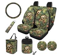 STUOARTE Lot de 10 housses intérieures de voiture, motif paresseux Monstera, protecteur de siège avant et arrière de voiture avec housse de volant assortie, poubelle, sac de rangement pour grille