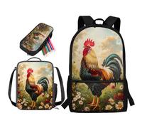 STUOARTE Lot de 3 sacs à dos, cartable d'école primaire avec boîte à déjeuner, trousse à crayons, cartable pour enfants, filles, garçons, adolescents, Marguerite coq - Multicolore