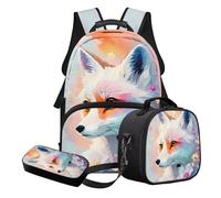 STUOARTE Lot de 3 sacs d'école pour enfants avec boîte à déjeuner et boîte à crayons, sac à dos d'école léger pour élèves du primaire et du milieu, Blanc et orange - Renard, Ensemble cartable