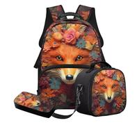 STUOARTE Lot de 3 sacs d'école pour enfants avec boîte à déjeuner et boîte à crayons, sac à dos d'école léger pour élèves du primaire et du milieu, Orange - Fleur de renard, Ensemble cartable