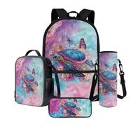 STUOARTE Lot de 4 sacs d'école mignons pour adolescentes, filles, sac à dos d'école avec boîte à déjeuner, trousse à crayons et porte-bouteille d'eau, Bleu et rose - Tortue de mer et papillon, Taille