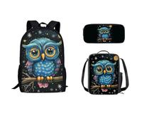 STUOARTE Sac à dos pour enfants, garçons et filles, ensemble de 3 pièces avec boîte à déjeuner, trousse à crayons, sacs à livres pour l'école maternelle, Chouette - Bleu et noir, Taille unique, Sacs à