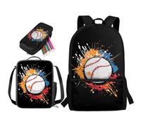STUOARTE Sac à dos pour garçons, 3 pièces avec boîte à déjeuner et trousse à crayons, sac à dos pour étudiants du primaire, Ink Splash Baseball - Multicolore