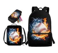 STUOARTE Sac à dos pour garçons, 3 pièces avec boîte à déjeuner et trousse à crayons, sac à dos pour étudiants du primaire, Ballon de baseball Water Fire - Noir et orange