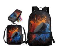 STUOARTE Sac à dos pour garçons, 3 pièces avec boîte à déjeuner et trousse à crayons, sac à dos pour étudiants du primaire, Splash Ink Hockey - Bleu et orange