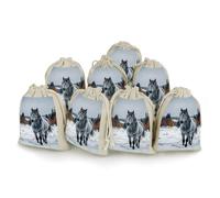 STVNKML Lot de 8 sacs cadeaux en coton et lin avec cordon de serrage Motif cheval gris dans un paysage d'hiver