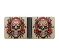 STVNKML Portefeuille fin à deux volets en cuir mélangé avec 2 poches cachées et 6 emplacements pour cartes pour espèces, cartes et carte d'identité Bleu marine, Crâne en sucre rose rouge, Taille