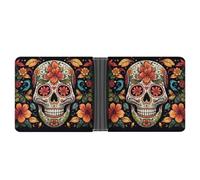 STVNKML Portefeuille fin en cuir avec abeilles et tournesols sur papier ancien avec 2 poches cachées, 6 emplacements pour cartes, espèces, cartes et carte d'identité, Crâne en sucre coloré, Taille