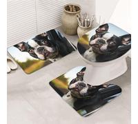 STVYUKL Lot de 3 tapis de salle de bain antidérapants et lavables avec contour en forme de U, tapis de toilette en microfibre absorbante, tapis de bain pour chiot terrier Boston Terrier