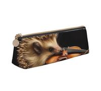 STVYUKL Trousse à crayons en cuir avec motif hérisson et violon - Élégante trousse à crayons fine avec fermeture éclair - Pour le travail et le bureau