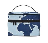 STVYUKL Trousse de maquillage avec motif carte du monde bleue pour femme, étanche, portable, grande capacité, trousse de toilette avec poignée sur le dessus et fermeture éclair
