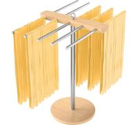 STWWO Séchoir à Pates Fraiches Séchoir à Spaghetti INOX 304, Socle Bois | Support de Séchage de Nouilles avec 10 Bras Amovibles pour Jusqu'à 2 Kg de Spaghettis Frais Tagliatelles Fettuccine
