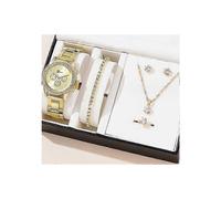 (Style 2-Or) Coffret cadeau 6 pièces pour femme, montre, bague, collier, boucles d'oreilles, ensemble