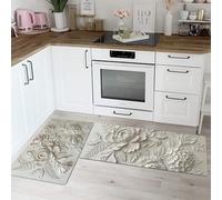 Style 3D Luxe Lot de 2 Tapis Cuisine antidérapants lavables, Terre Bénie Pivoine Hortensia Tapis de Cuisine, Blanc - 43x75+43x150cm