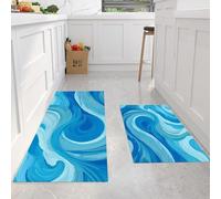 Style Abstrait Lot de 2 Tapis de Cuisine antidérapant,Lavable Tapis de Cuisine Motif ondulé, Couloir, Chambre à Coucher, Salle de Bain.(Bleu, 50x80+50x150cm)