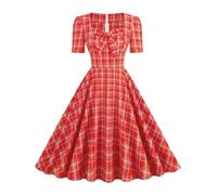 Style Angleterre Casual Vintage Midi Robe De Piste À Manches Courtes Col Carré Noeud Demoiselle d'honneur Soirée Robes Courtes Années 50 Pinup Swing Robe-Rouge-XXL