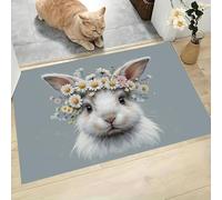 Style Aquarelle Paillasson D'Entrée Discret Absorbant - 80 x 120 cm - Antidérapant - Couronne Marguerites Lapin Tapis Sol pour Entrée d'animaux Domestiques Cuisine Salle Bain - Gris Clair