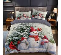Style Aquarelle Parure de Lit 1 Personne 90x190 cm Enfant Famille de bonhommes de Neige de Dessin animé Housse de Couette en Microfibre avec 1 Taies d’Oreiller, Ensemble 3 Pièces Garçon Fille