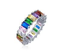 Style Art Déco AAA CZ Émeraude Coupe LGBTQ Arc-en-ciel Coloré Multi Couleur Zircon Cubique Éternité Baguette Anneau de Mariage Anniversaire Pour Femmes Or Rose Argent Sterling .925 4MM