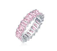 Style Art Déco AAA CZ Tourmaline Rose Simulée Taille Émeraude Zircon Cubique Baguette Éternité Anneau de Mariage Anniversaire Pour Femmes en Argent Sterling .925 4MM