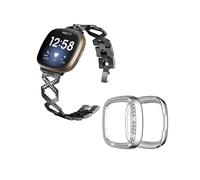 (Style B Fitbit Versa 3, Black) For Fitbit Versa 3/Sense X-Shape Design Bracelet Wrist Strap+Two Row Rhinestones Silver Watch Case