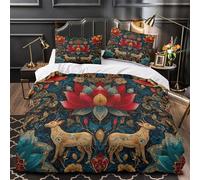 Style bohème pour Adultes Et Enfants Parure De Lit,3D Imprimé Lotus Animal Images,Housse De Couette 3 Pièces +Taies D'Oreillers Super King(260x220cm)