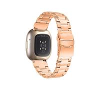 (Style C Fitbit Versa 3, Pink gold) For Fitbit Versa 3/Sense Watch Strap Three Bead Stainless Steel Wrist Band Replacement