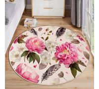 Style Campagnard Tapis Rond Pivoine À Fleurs De Pommier Tapis de Sol Décoration Antidérapant pour Salon, Chambre à Coucher, Salle à Manger Intérieur & Extérieur, 160cm, Rose