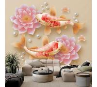 Style Chinois Papier Peint Intissé 3D Carpe Koï Fleur De Lotus Perles Mur Photo Murales, Beige Papier Peint Panoramique Muraux Pour Salon Tv Canapé Thème Hôtel Luxe Couloir Fond Pein 350 x 256 cm