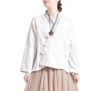 Style Chinois Rétro Coton Lin Haut Femmes Grande Taille Broderie Traditionnelle Hanfu Blouse À Manches Longues Chemise Fluide (Color : White, Size : L)