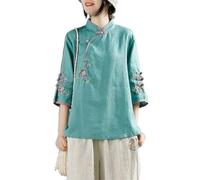Style Chinois Rétro Coton Lin Haut Femmes Grande Taille Coupe Ample Chemise Exquise Broderie Traditionnelle Hanfu Blouse (Color : Green, Size : XL)
