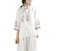 Style Chinois Rétro Coton Lin Haut Femmes Grande Taille Coupe Ample Chemise Exquise Broderie Traditionnelle Hanfu Blouse (Color : White, Size : M)
