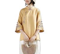 Style Chinois Rétro Coton Lin Haut Femmes Grande Taille Coupe Ample Chemise Exquise Broderie Traditionnelle Hanfu Blouse (Color : Yellow, Size : 3XL)