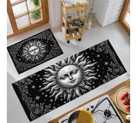 Style Classique Lot de 2 Tapis de Cuisine Antidérapant,Lavable Étoiles Dieu Soleil Tapis de Cuisine pour Couloir, Chambre à Coucher, Salle de Bain.(Noir Et Blanc, 50x80cm+50x150cm)