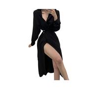 Style coréen Robe Chemise Noire Femmes Coquette Sexy Une pièce renversé à Manches Longues Tunique Midi Beige Blouse Robes Automne
