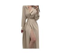 Style coréen Robe Chemise Noire Femmes Coquette Sexy Une pièce renversé à Manches Longues Tunique Midi Beige Blouse Robes Automne