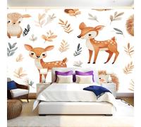 Style De Dessin Animé Wallpaper Papier Peint Panoramique Animaux cerf sika et hérisson Intissé Photo Mural 400x280 cm Moderne Poster Salon Chambre Mur de fond Chambre Enfants Bureau Décor Maison