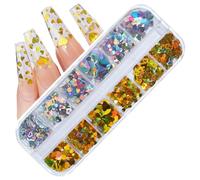 Style de mode japonais 2 boîtes 24 grilles de paillettes mélangées DIY Kits de nail art flocons 3D laser paillettes brillantes kits de décoration d'ongles pour salon de manucure débutant, or-argent