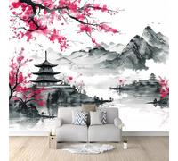 Style de Peinture à L'encre Orientale Photo Murale - Fleurs De Cerisier Japonais Sur Fond Blanc Thème Papier Peint 300 x 210 cm for Boys' and Girls' Nursery, Baby Bedroom Decor Papier Peint