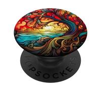 Style de vitrail paysage d'arbre PopSockets PopGrip Adhésif